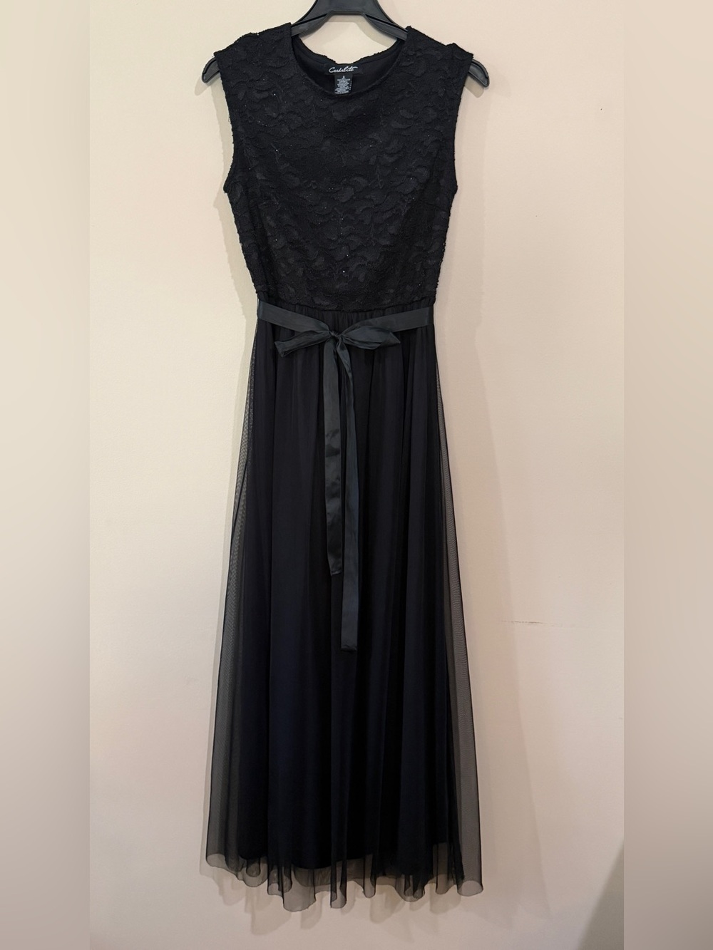Chic Black Lace Maxi Dress with Satin Waist Tie